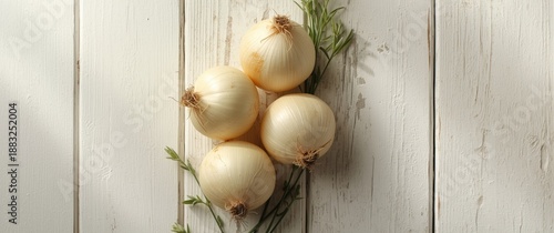 Four freshly picked sweet white onions artfully arranged on a rustic wood panel painted white