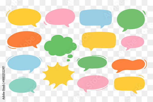 Set of colorful speech bubbles and chat shapes in flat minimal style. Message, dialog and thought bubble elements for communication design, social media, UI, web, infographics and presentations.