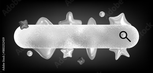 Accessible Glassmorphism 3d render of a search bar in liquid silver metal style with abstract shapes, a clean modern and minimalist digital ui concept for web design