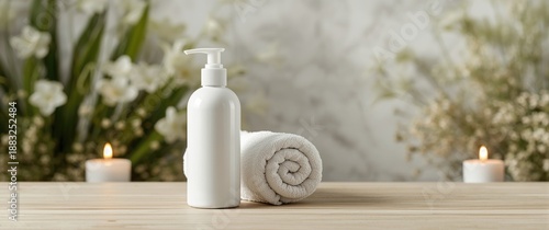 Spa concept featuring white soap bottle and white towel for body skin care