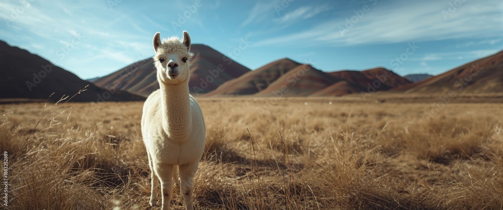 Fototapeta premium Llama in Purmamarca near the Hill of Seven Colors within the colorful valley of Quebrada de Humahuaca, Jujuy, Argentina landscape and wildlife