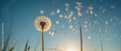 Obraz  z motywem Sunlit dandelion seeds blowing away in the wind against a clear blue sky