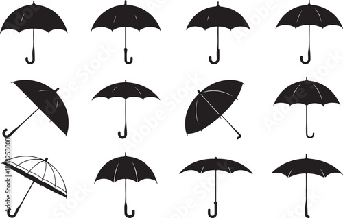 Twelve Black Umbrella Silhouettes in Various Open and Closed Positions on a White Background umbrellas