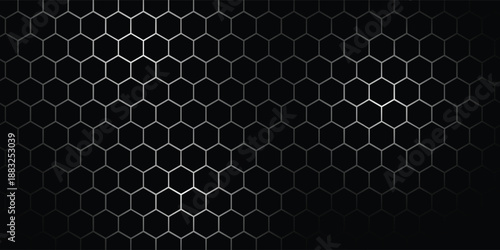 Dark grey abstract wide horizontal banner with hexagon carbon fiber grid and orange luminous lines. Technology vector background with orange neon lines