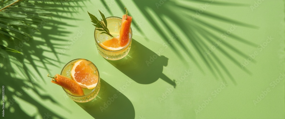 Fototapeta premium Flat lay of summer drinks with two glasses, grapefruit slices, and palm leaf shadow on a green background under sunlight