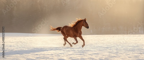 Snow-covered horse in motion