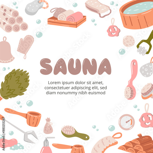 Elegant decorative frame with a collage of spa tools and accessories. Ideal for business cards or social media posts about wellness and health.