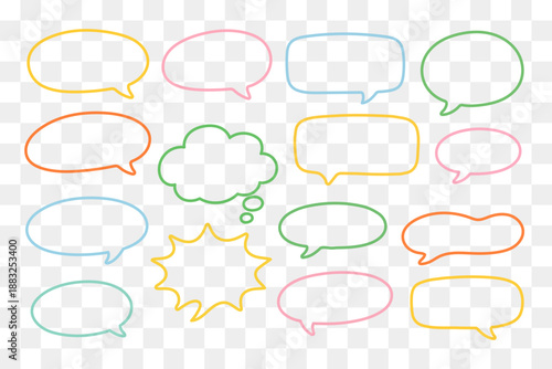 Set of colorful speech bubbles and chat shapes in flat minimal style. Message, dialog and thought bubble elements for communication design, social media, UI, web, infographics and presentations.