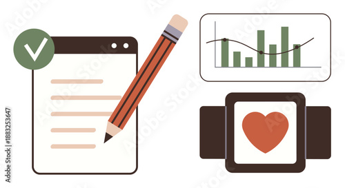 Productivity, data visualization, health tracking, goal setting, performance analysis, organization tools. Includes checklist with pencil, bar graph data, and a heart inside a smartwatch