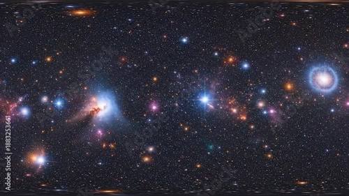 Panoramic view of a vibrant and colorful with stars and cosmic dust.