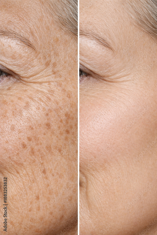 Fototapeta premium Skin aging vs after collagen boost result on mature woman cheek, comparison closeup of wrinkle and dark spot reduction, smooth hydrated glow texture improvement side by side view
