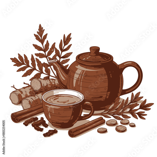 Aromatic herbal tea with cinnamon sticks and ginger root, a warm beverage.