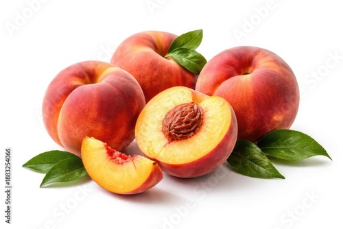 Set of ripe peaches display...