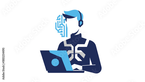 Artificial intelligence expert working on laptop with digital circuit face.