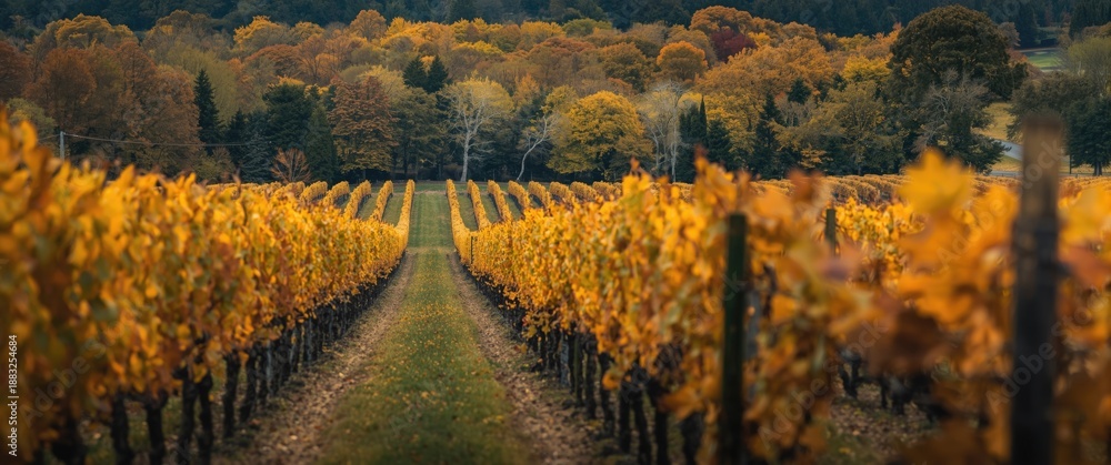 Fototapeta premium Autumn Vineyard Landscape Featuring Rows Of Grape Vines And Vibrant Colors