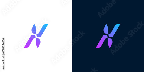 Abstract butterfly logo designs on contrasting white and dark blue backgrounds with vibrant purple and blue gradients from a front viewpoint