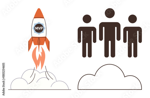 Business development, entrepreneurship, innovation, teamwork, leadership, startup growth. Rocket with MVP and three people. Innovation and entrepreneurship concept