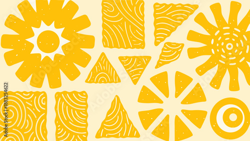Mid century modern sun graphic with bold geometric shapes and patterns on cream background