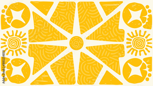 Symmetrical abstract design with stylized sun rays and geometric shapes in yellow