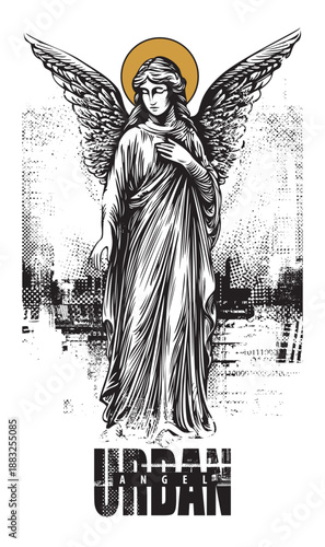 Vector banner with angel on cityscape and pixel background. On urbanism, street art, nuclear war, apocalypse and religion. T-shirt design, tattoo, poster, music or book cover.