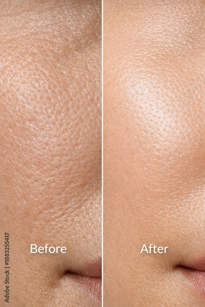 Fototapeta premium Skin texture closeup portrait aging face pores vs after skincare collagen boost smooth glow result