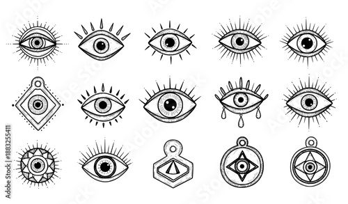 Mystical evil eye magic symbols doodle vector set