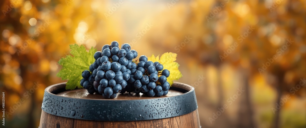 Fototapeta premium Grapes of blue color on a wine barrel among vineyard scenery with autumn bokeh effect