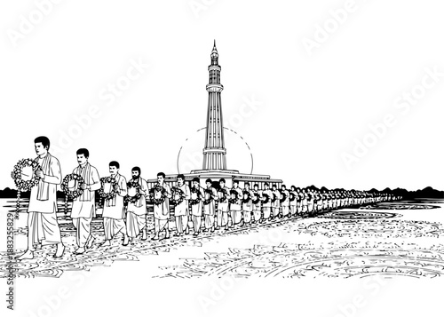 A Long Procession of People Carrying Wreaths to Pay Tribute at the Iconic Shaheed Minar for International Mother Language Day Celebration in Bangladesh Black and White Sketch Style Illustration.
