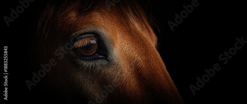 Brown horse eye in detail against a black background