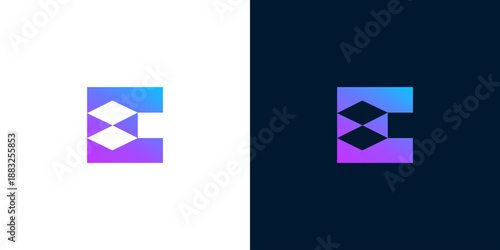 Abstract geometric letter E logo design with purple and blue gradient on white and dark background