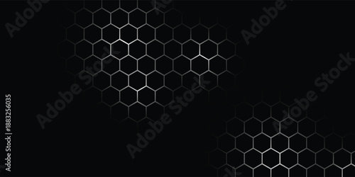 Dark grey abstract wide horizontal banner with hexagon carbon fiber grid and orange luminous lines. Technology vector background with orange neon lines