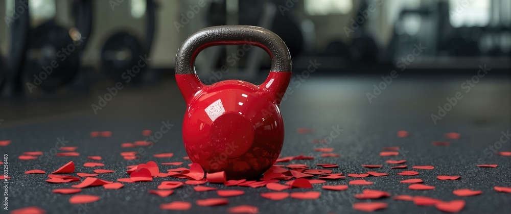 Fototapeta premium Festive workout featuring a red kettlebell and heart confetti on black gym flooring