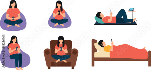 Relaxed people using smartphones, casual lifestyle, mobile technology at home, digital habits, cozy seating, leisure time, modern communication, tech in everyday life