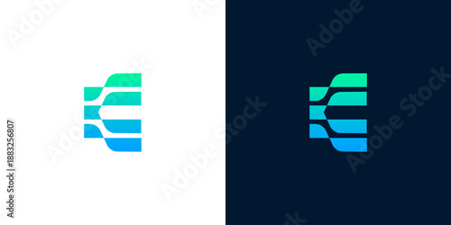 Abstract geometric 'E' logo design in gradient green and blue, representing technology and innovation