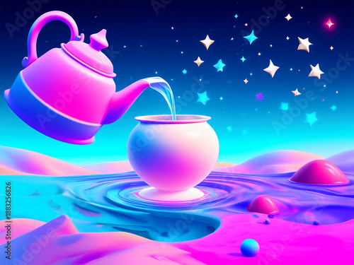 Magische Teekannen: Verspielte, leuchtende Teekannen, die glitzernde Flüssigkeit in Tassen gießen, umgeben von einem bunten Sternenhimmel und Wolkenlandschaften.KI Generiert