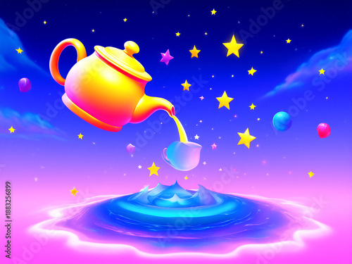 Magische Teekannen: Verspielte, leuchtende Teekannen, die glitzernde Flüssigkeit in Tassen gießen, umgeben von einem bunten Sternenhimmel und Wolkenlandschaften.KI Generiert