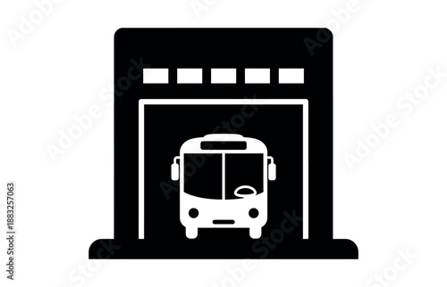 Bus garage depot silhouette icon isolated on white