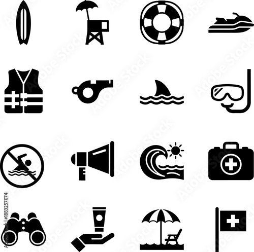 Beach Safety Icons, Lifeguard Symbols, Summer Vacation Graphics