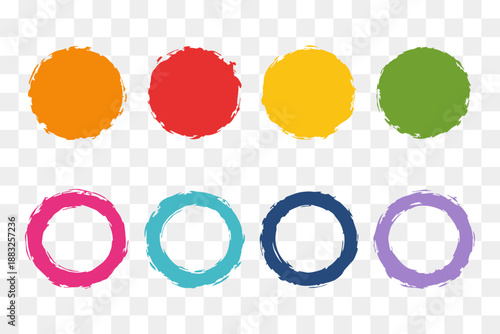 Colorful hand-painted brush circles and rings set isolated on transparent background