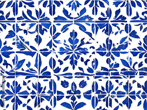 Blaue Fliesen-Grafik: Symmetrische florale und ornamentale Muster in strahlendem Blau auf weißem Grund, inspiriert von klassischen Keramikfliesen (Azulejos).KI Generiert