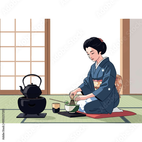 Woman in traditional Japanese kimono sitting.