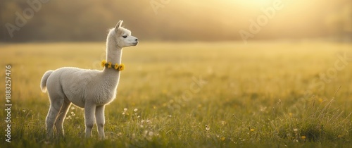 Obraz  z motywem Cute white alpaca wearing a dandelion flowers wreath - South American camelid