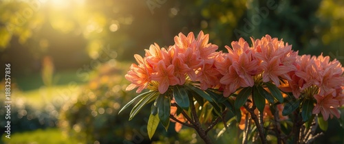Blooming pink and orange Rhododendron and azalea in the botanical garden