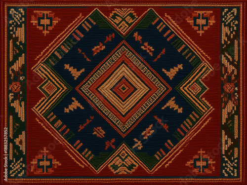 Traditionelle Teppichmuster: Detaillierte geometrische Designs mit zentralen Rautenmotiven in klassischen Erdtönen, die an kunstvolle Orientteppiche erinnern.KI Generiert