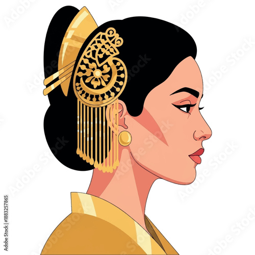 Woman with ornate gold hair accessory.