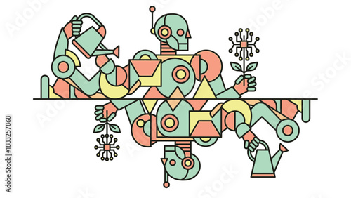 Artistic robot tending plants with watering cans and flowers, creative design.