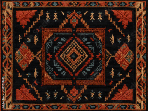 Traditionelle Teppichmuster: Detaillierte geometrische Designs mit zentralen Rautenmotiven in klassischen Erdtönen, die an kunstvolle Orientteppiche erinnern.KI Generiert