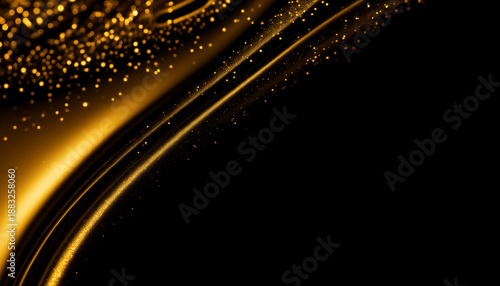 Goldene Wellen auf Schwarz: Elegante, fließende Linien in Goldoptik, die wie funkelnder Staub oder flüssiges Metall über einen tiefschwarzen Hintergrund gleiten. KI Generiert