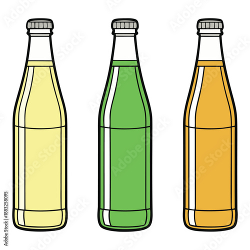 Three colorful beverage bottles in a simple vector illustration style.