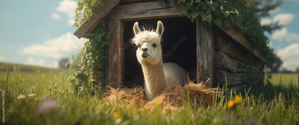 Obraz premium Feeding time: white alpaca in its shelter with hay